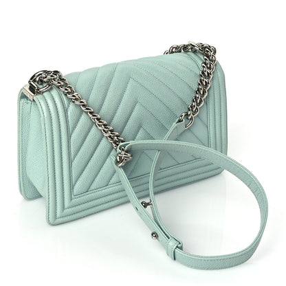 Chanel Caviar Chevron Quilted Medium Boy Flap  Light Blue 2 of 9