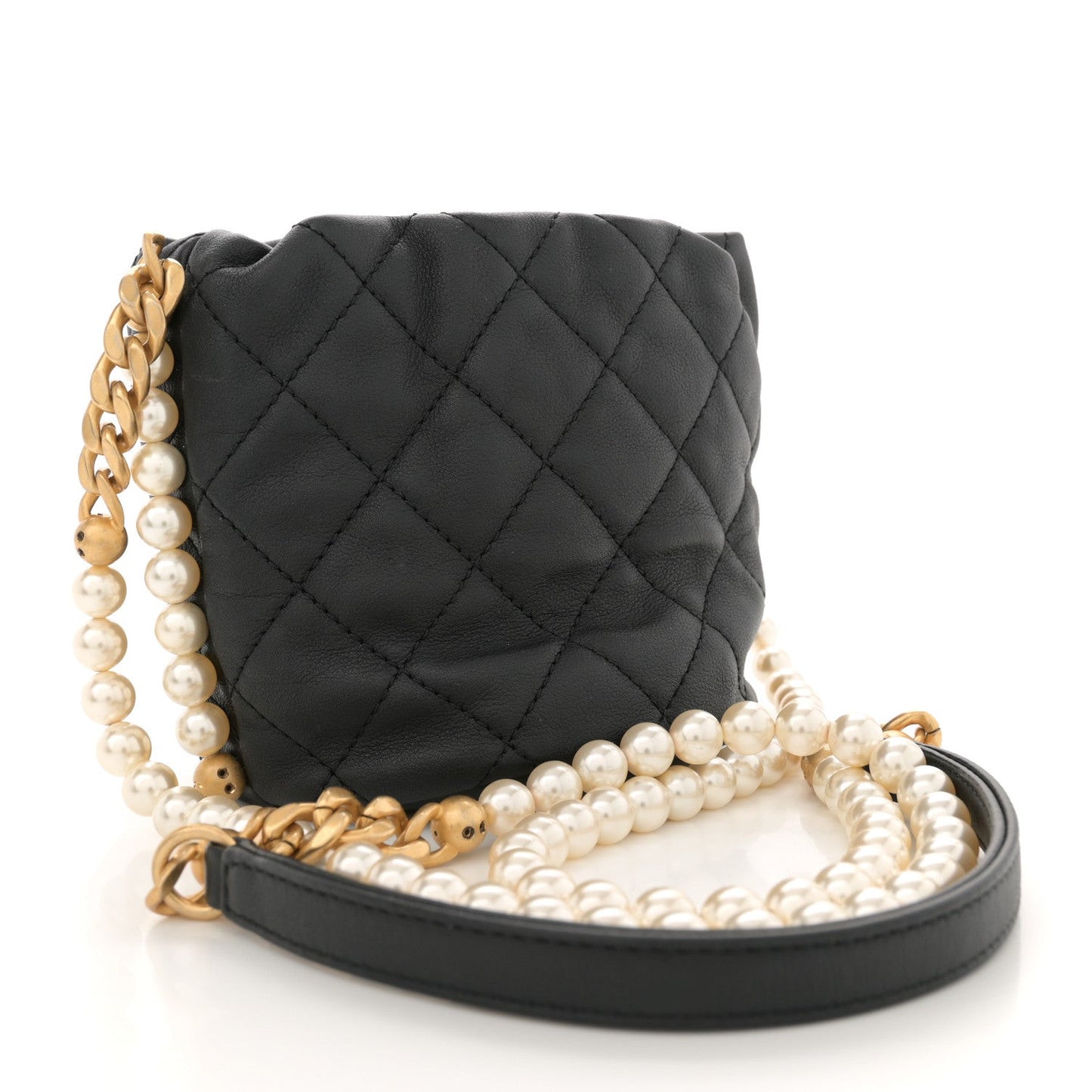 Calfskin Quilted Pearl Mini About Pearls Drawstring Bucket Bag Black