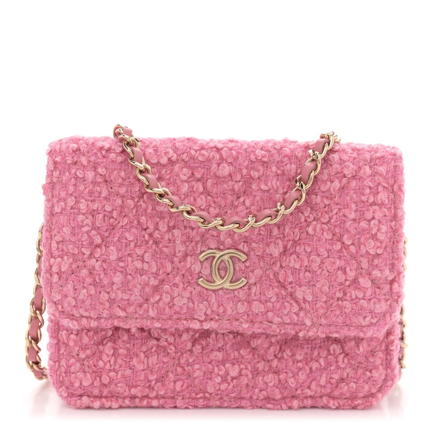 Tweed Quilted Flap Chain Waist Bag Pink