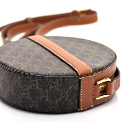 Celine Lambskin Triomphe Canvas Round Purse On Strap Black Tan 7 of 9