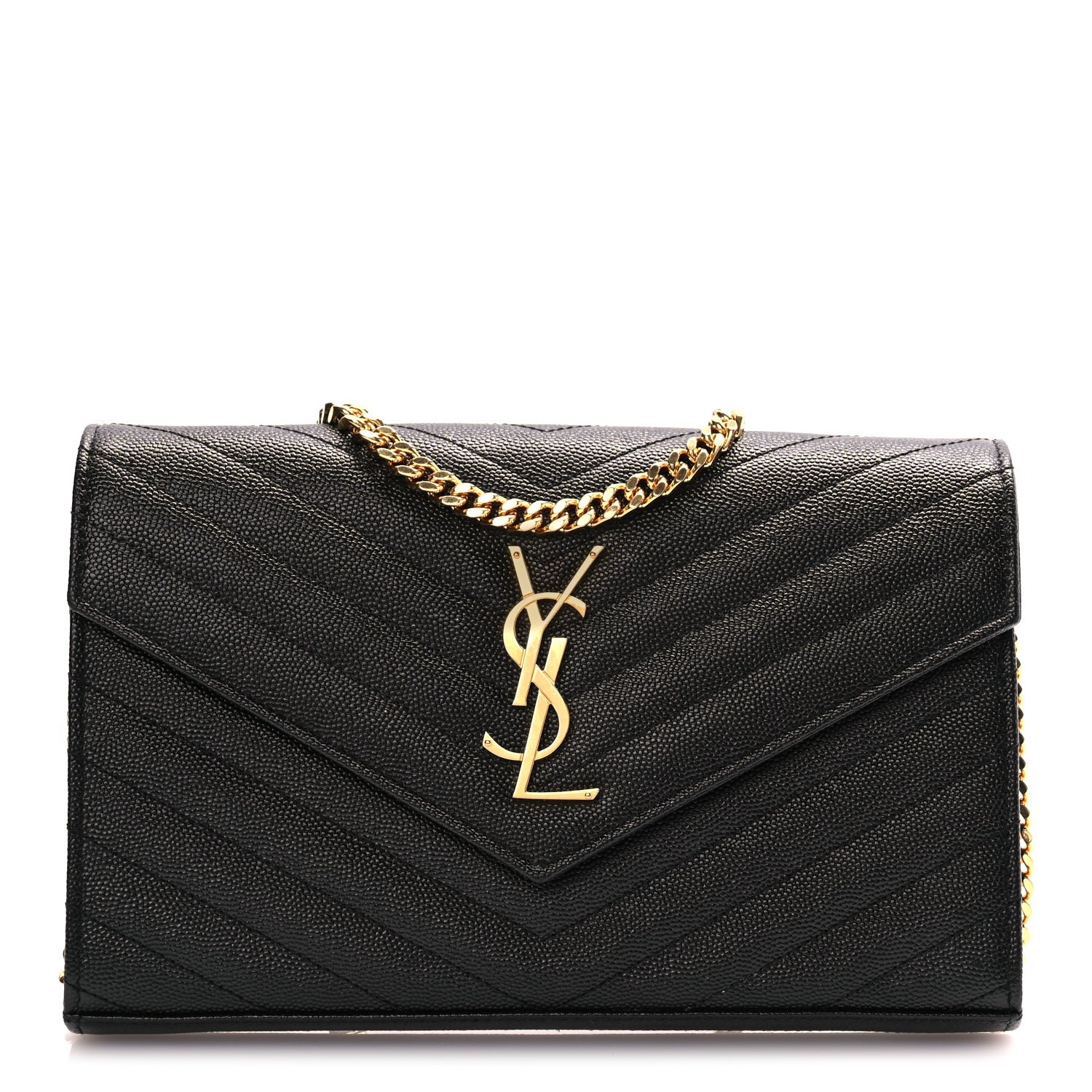 Saint Laurent Grain De Poudre Matelasse Chevron Monogram Chain Wallet Black 1 of 9