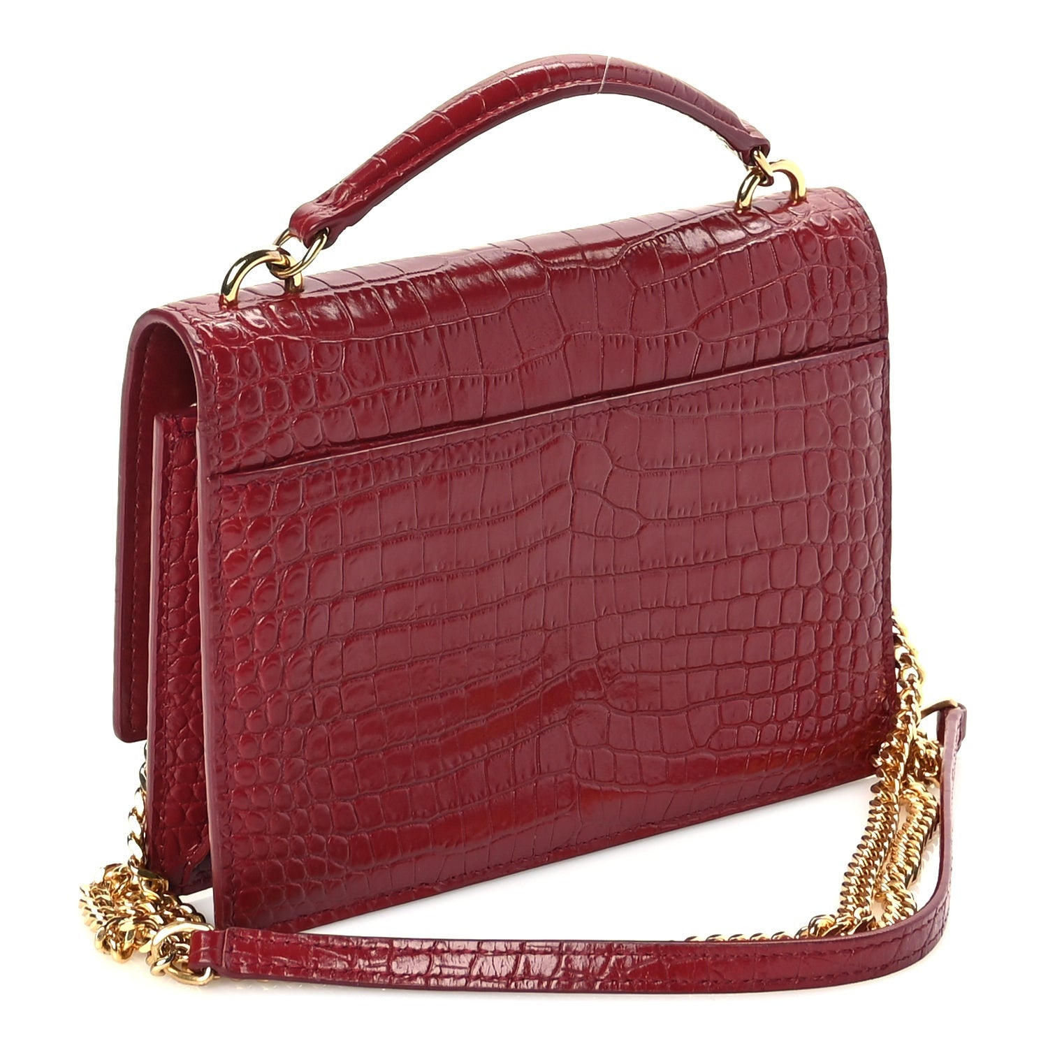 Saint Laurent Calfskin Crocodile Embossed Monogram Sunset Top Handle Chain Wallet Rouge Legion 2 of 8