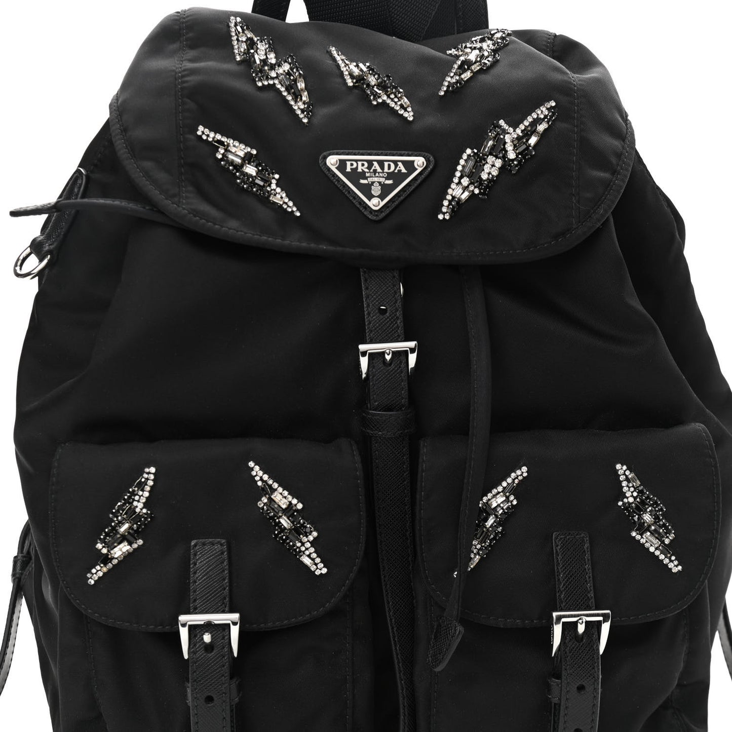 Tessuto Nylon Sequin Metal Triangle Logo Lightning Backpack Black