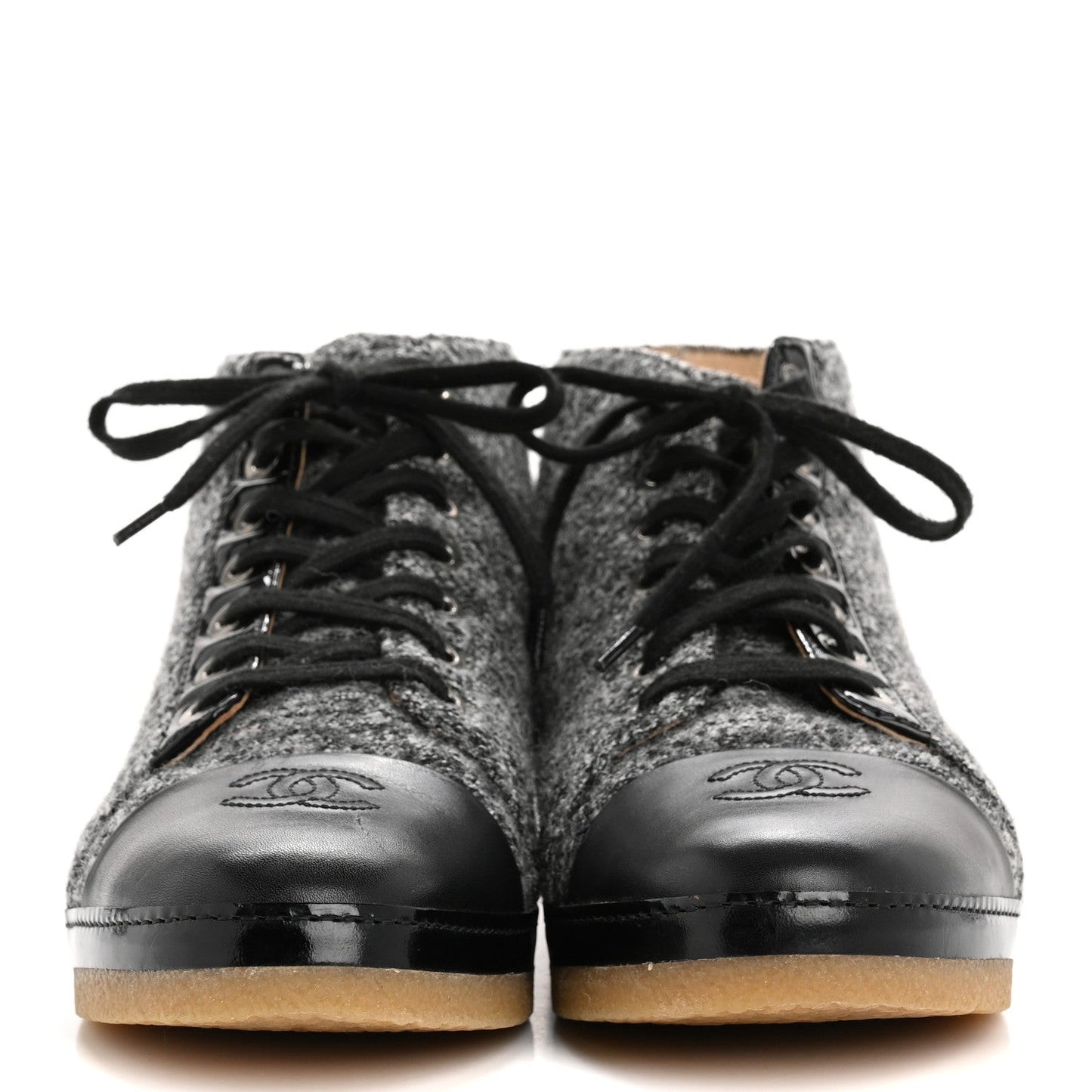 Wool Calfskin CC Lace Up Short Boots 37.5 Grey Black