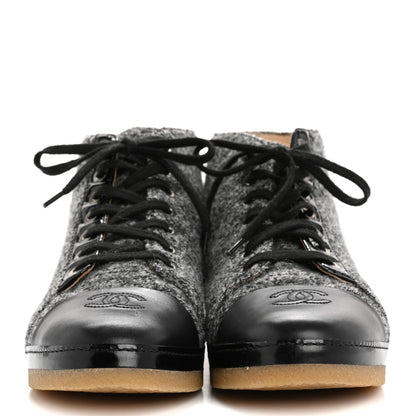 Chanel Wool Calfskin CC Lace Up Short Boots 37.5 Grey Black 3 of 7