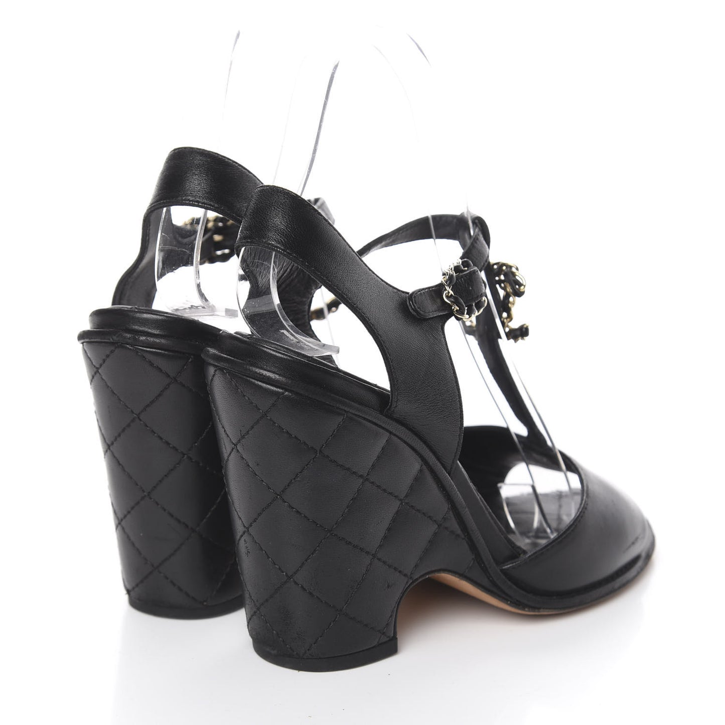 Lambskin Quilted Chain CC Wedge Sandals 36.5 Black
