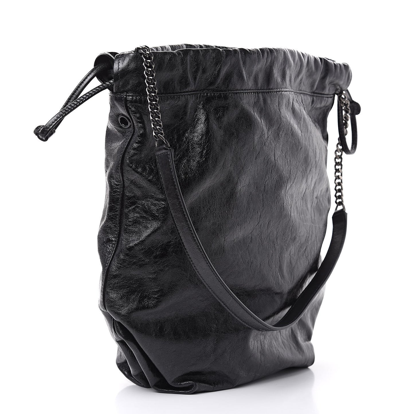 Cracked Shiny Calfskin Teddy Drawstring Bag Black