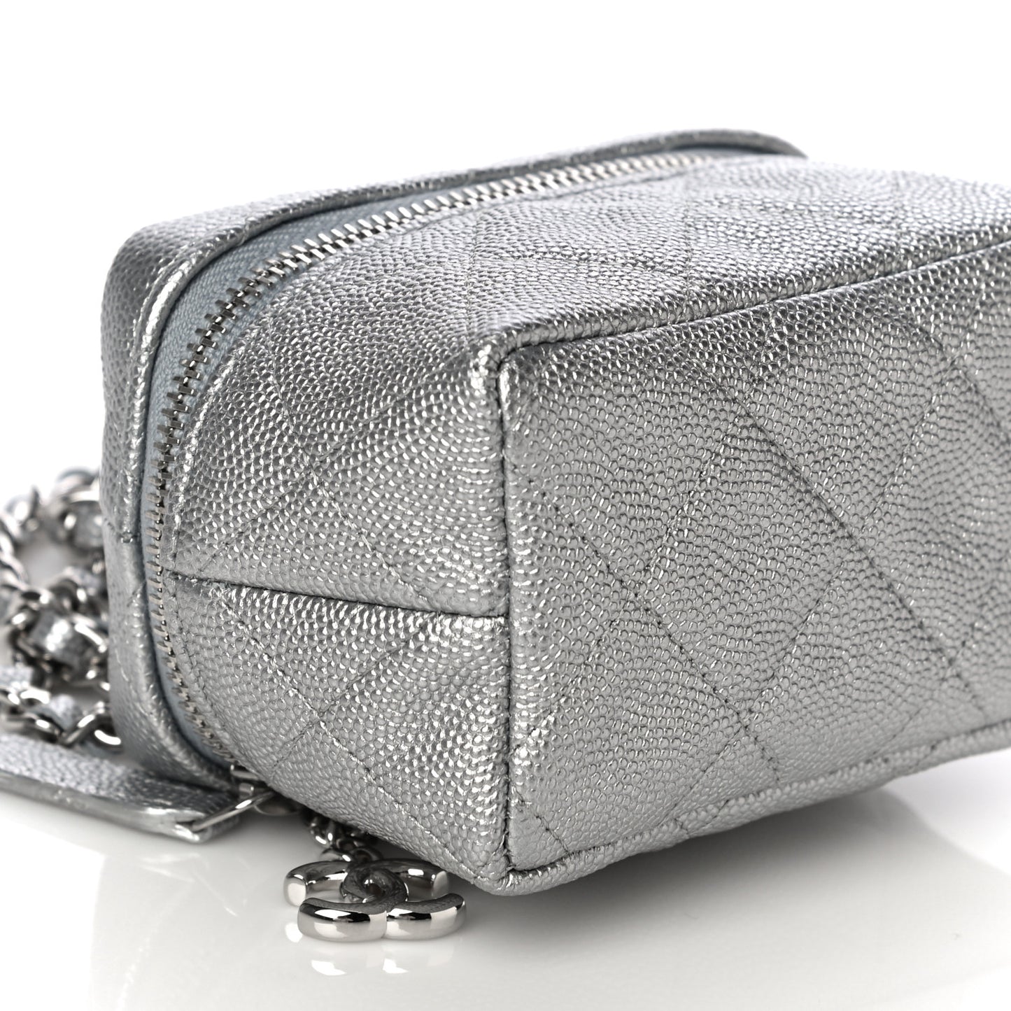 Metallic Caviar Quilted Mini Top Handle Vanity With Chain Silver