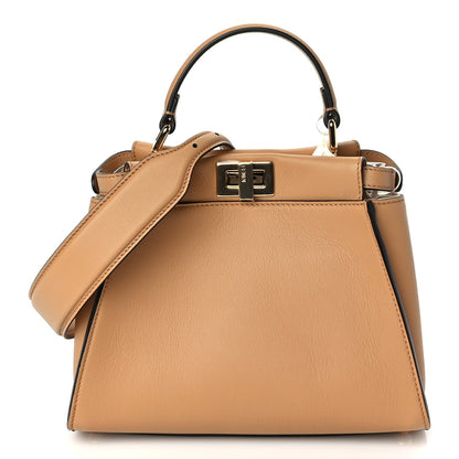 Fendi Vitello Seta Canvas FF Embroidered Mini Peekaboo Iconic Satchel Miele Scuro Poudre 1 of 9