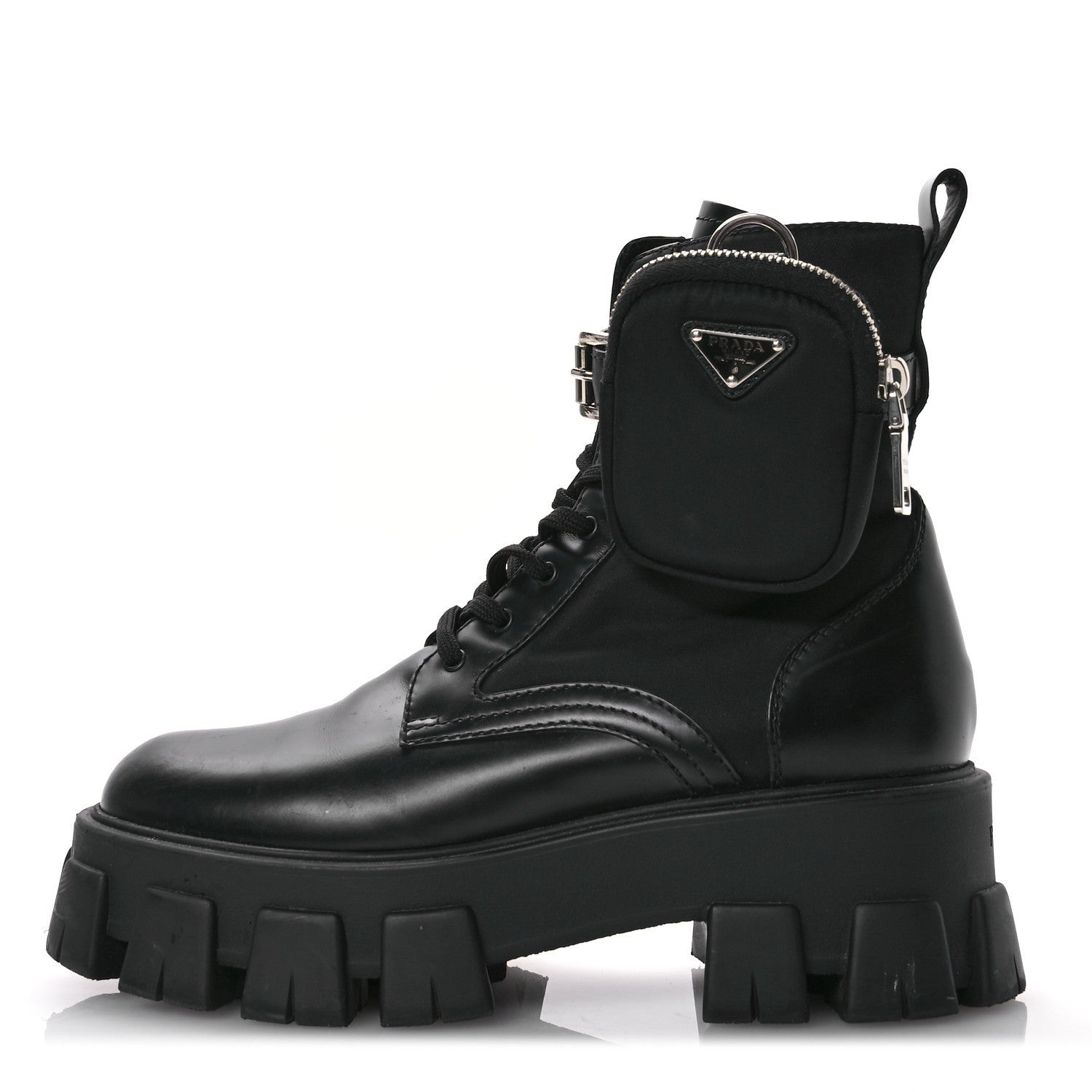 Prada Spazzolato Rois Nylon Metal Triangle Logo Monolith Pouch Pocket 55mm Boots 38.5 Black 1 of 7
