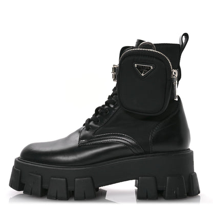 Prada Spazzolato Rois Nylon Metal Triangle Logo Monolith Pouch Pocket 55mm Boots 38.5 Black 1 of 7