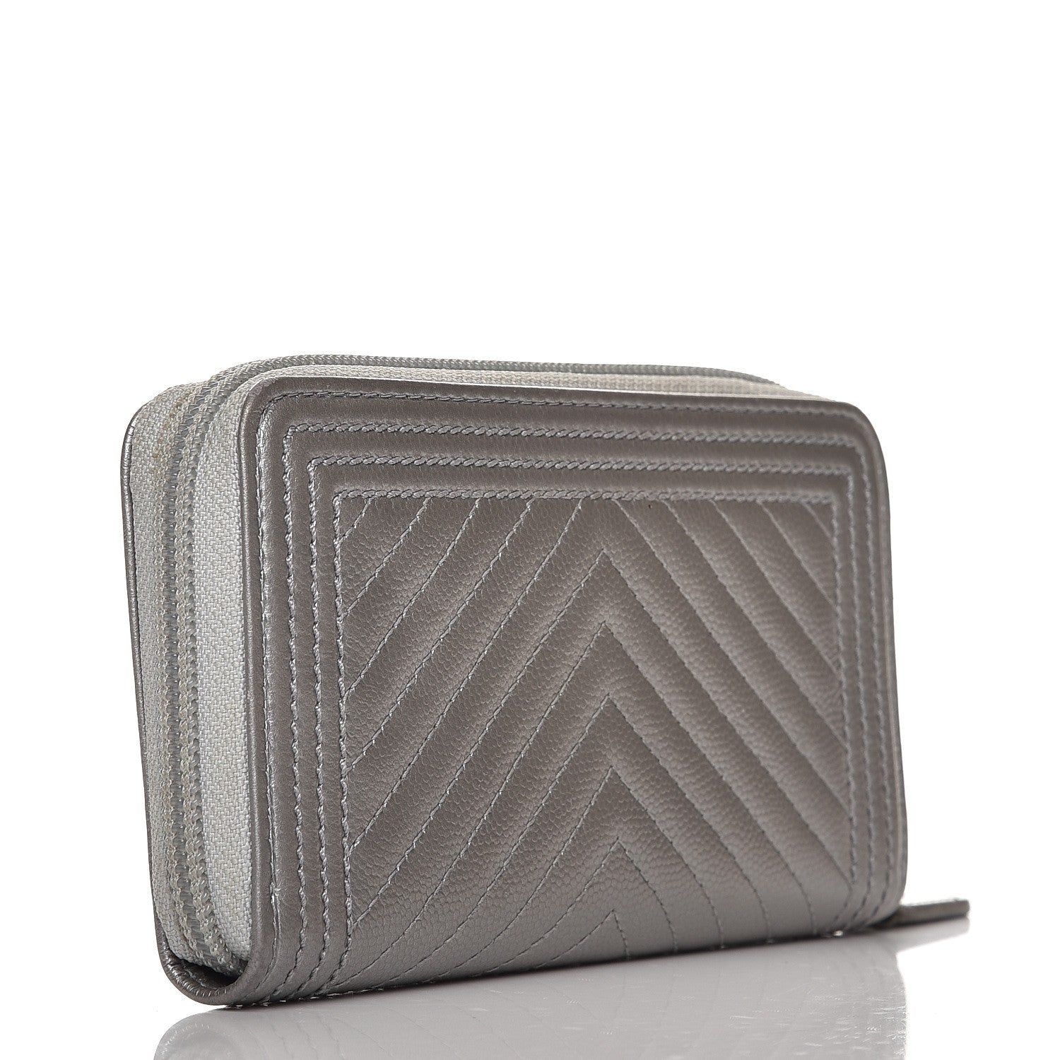 Chanel Metallic Caviar Chevron Quilted Boy Small Zip Around Wallet Silver 3 of 9