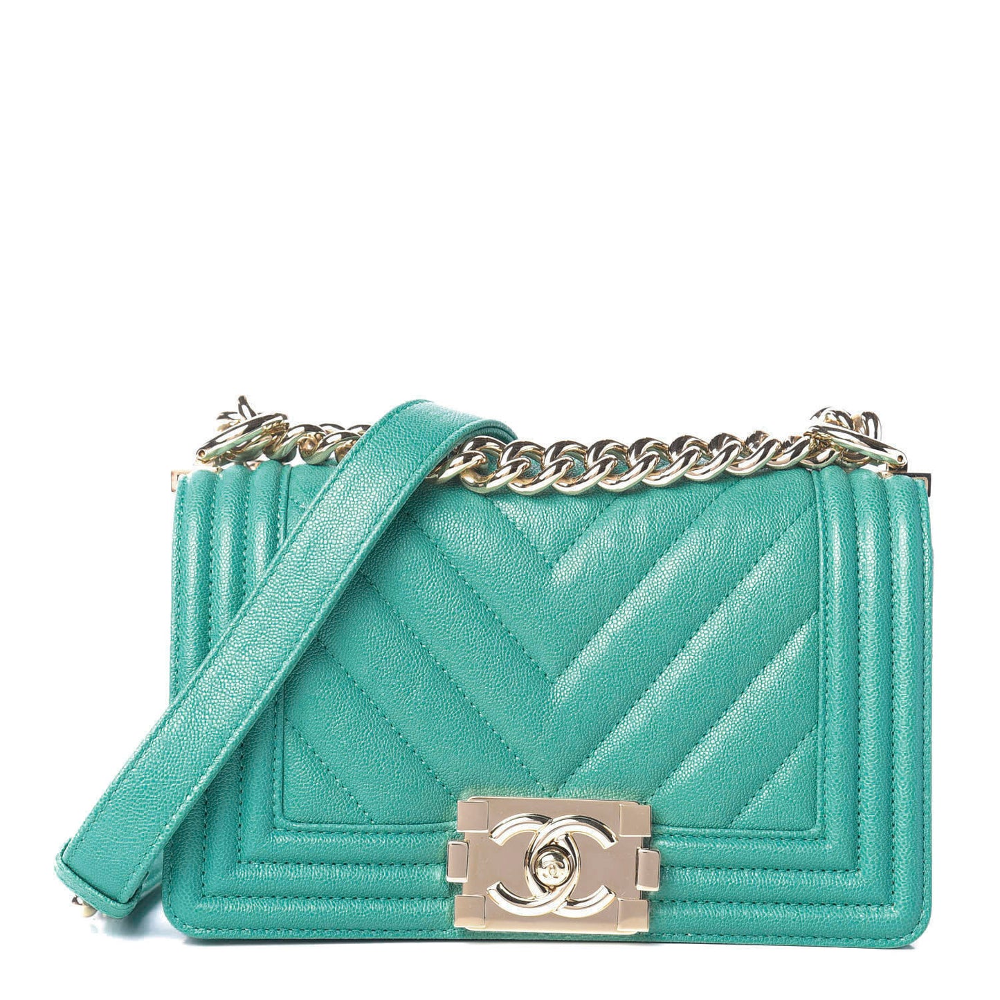 Caviar Chevron Quilted Small Boy Flap Green