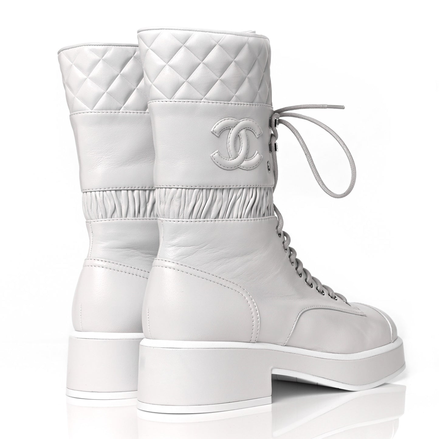 Lambskin Quilted Lace Up Combat Boots 38 White