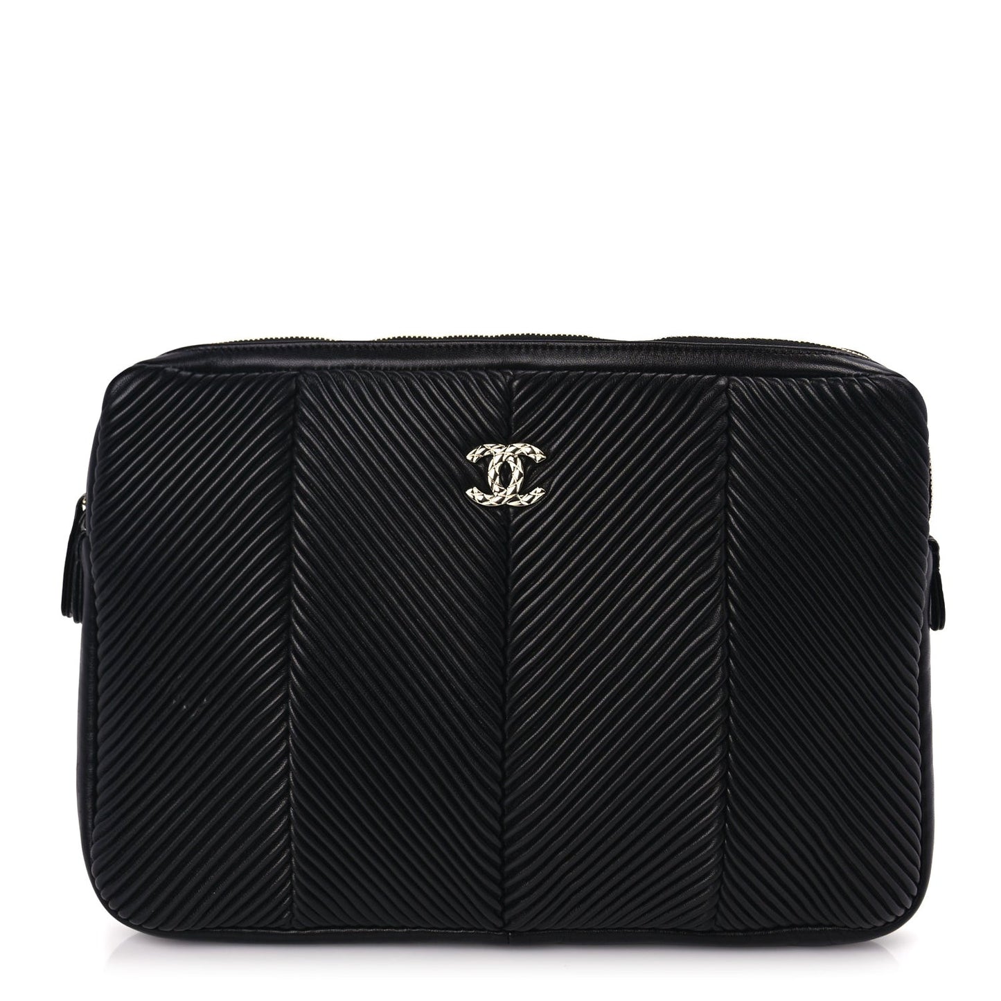 Lambskin Chevron Pleated Large Cosmetic Case Black