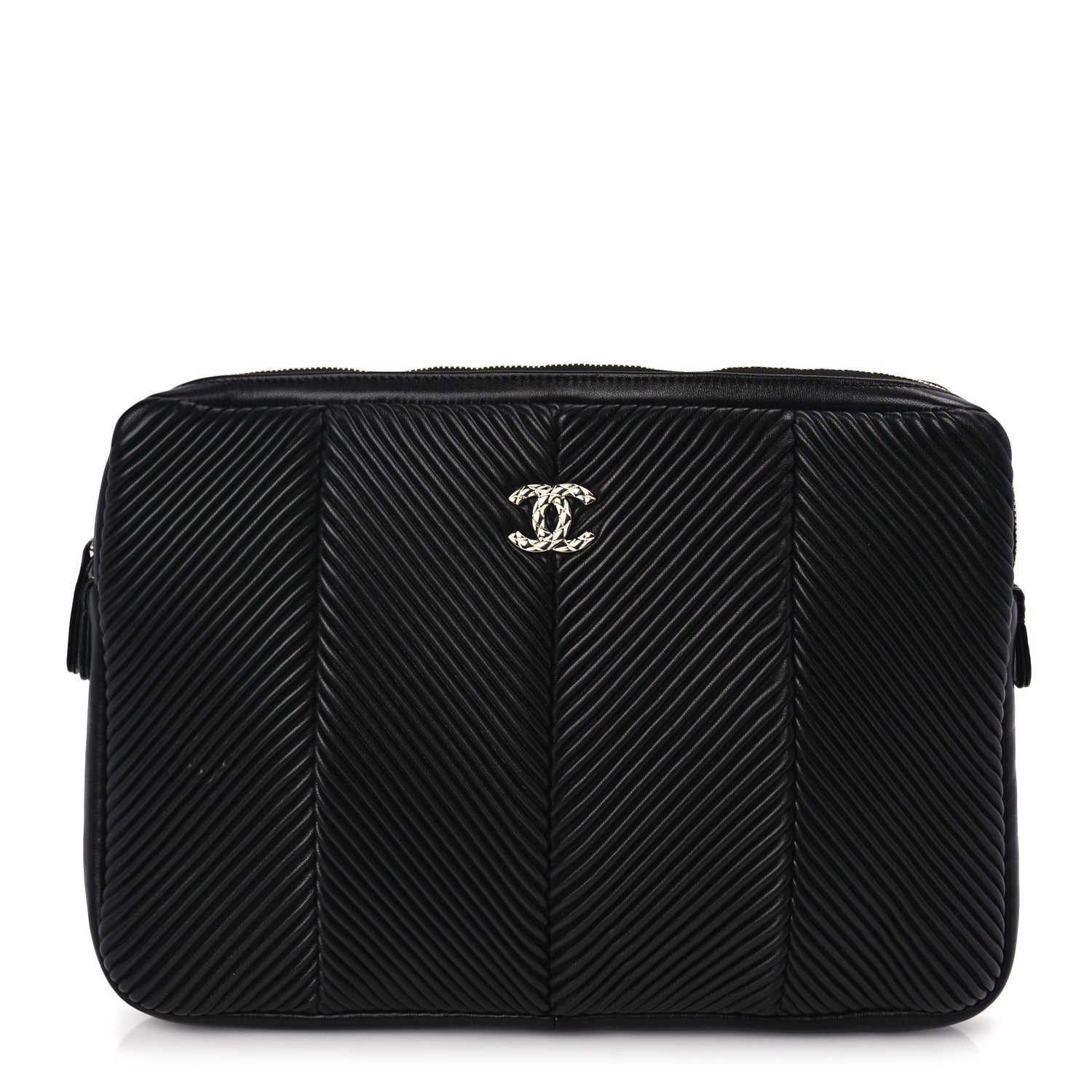 Chanel Lambskin Chevron Pleated Large Cosmetic Case Black 1 of 8