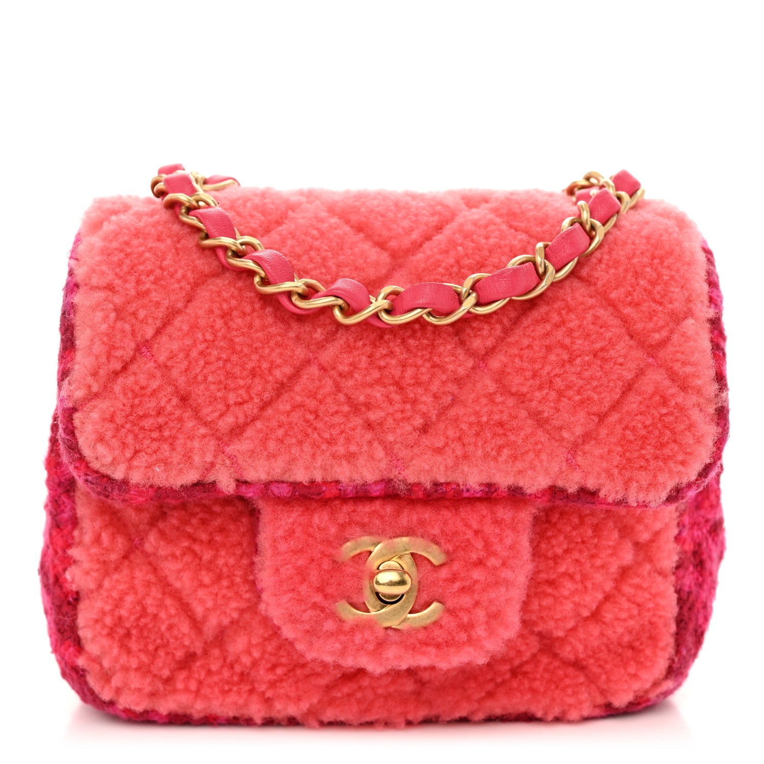 Chanel Shearling Tweed Quilted Mini Square Flap Bag Pink 1 of 11