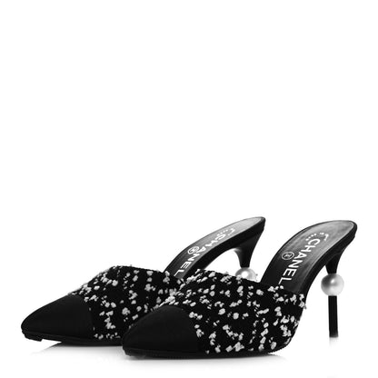Chanel Tweed Pearl Mules 36 Black White 3 of 11