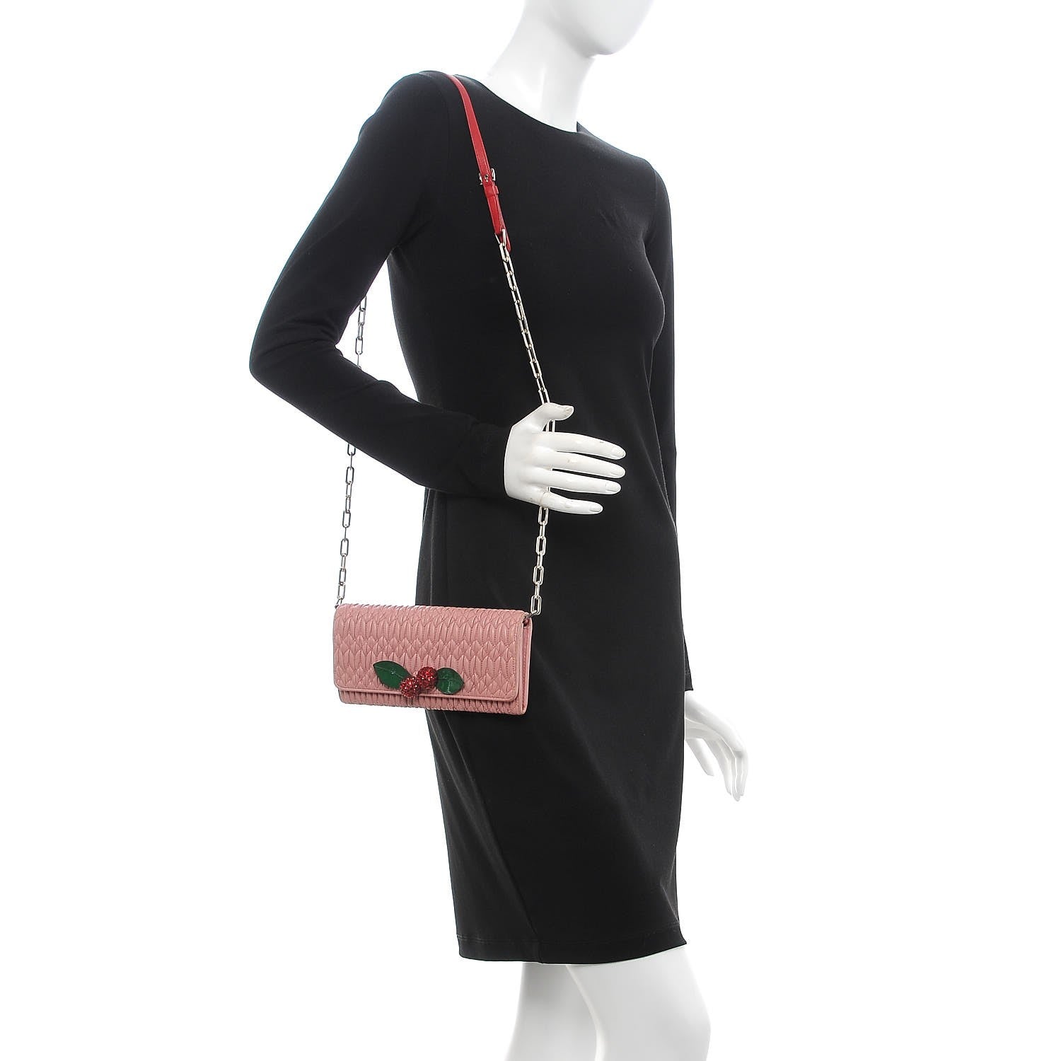 Miu Miu Nappa Matelasse Crystal Cherry Wallet On Chain Rosa 2 of 8