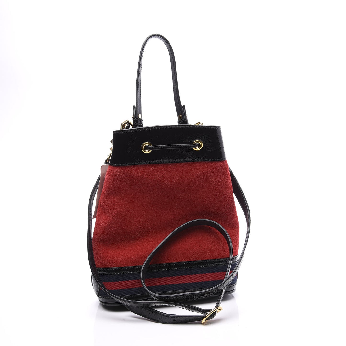 Suede Patent Web Small Ophidia Bucket Bag Hibiscus Red Black
