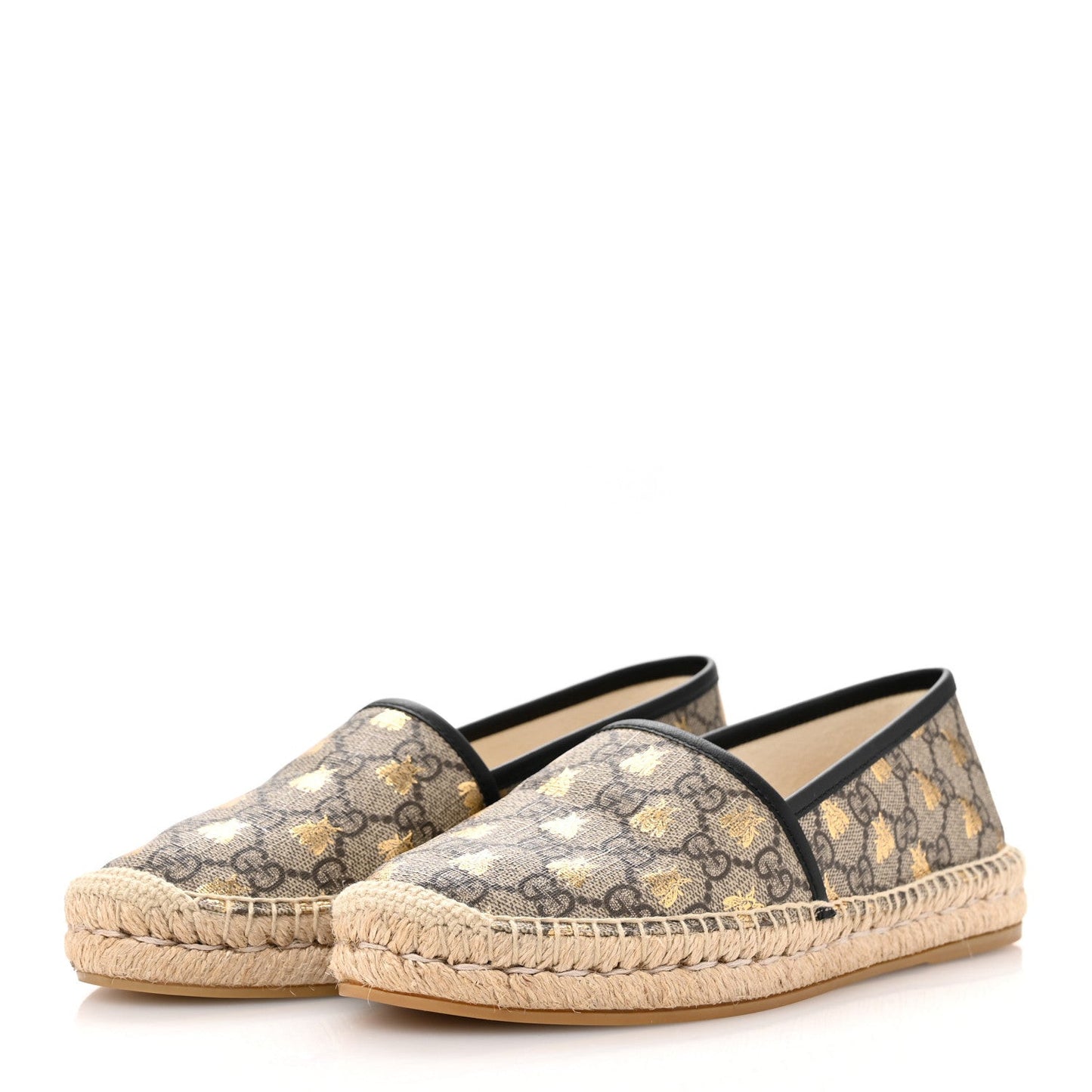 GG Supreme Monogram Bees Espadrille Flats 38.5 Beige Ebony Oro Black