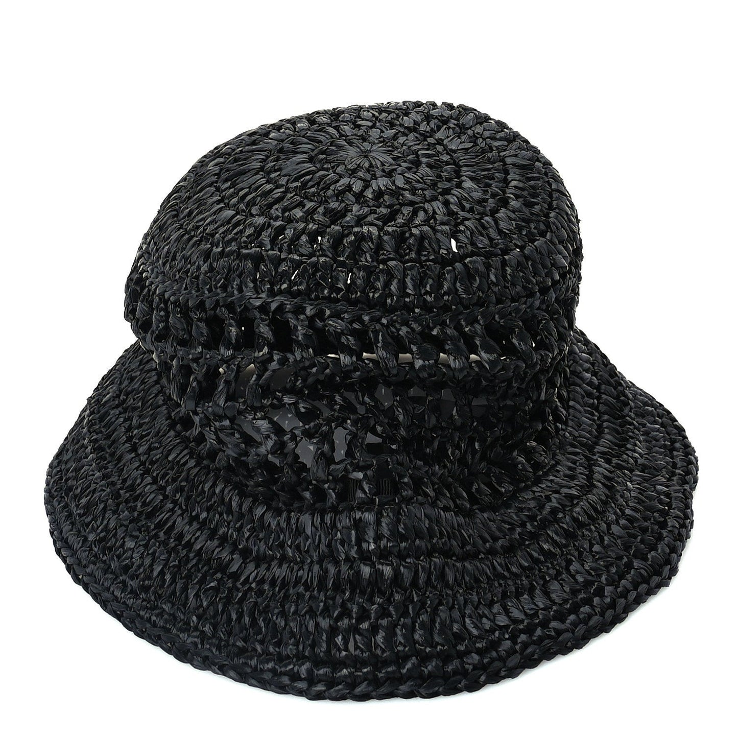 Yarn Raffia Effect Crochet Logo Embroidered Womens Bucket Hat M Black