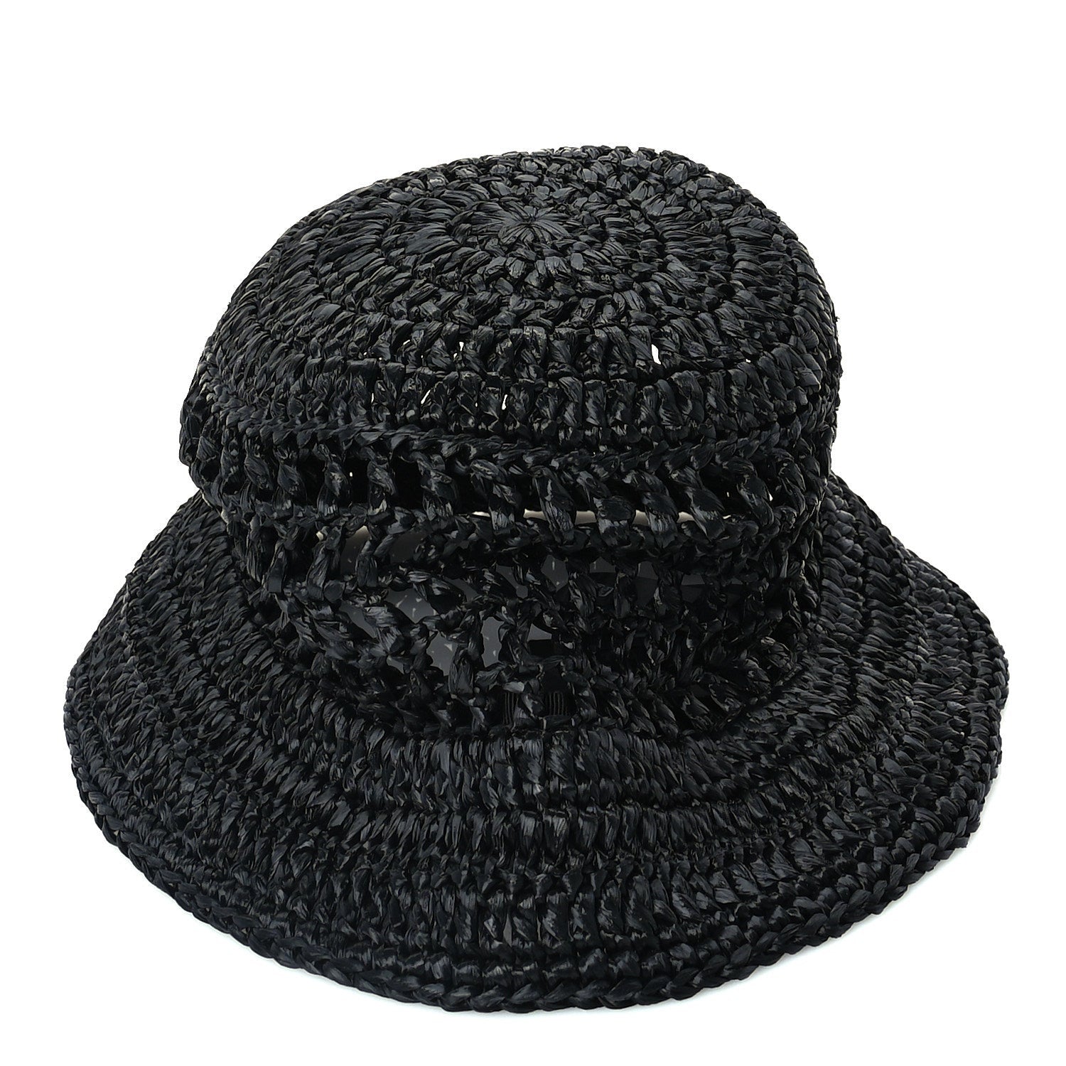 Prada Yarn Raffia Effect Crochet Logo Embroidered Womens Bucket Hat M Black 4 of 6