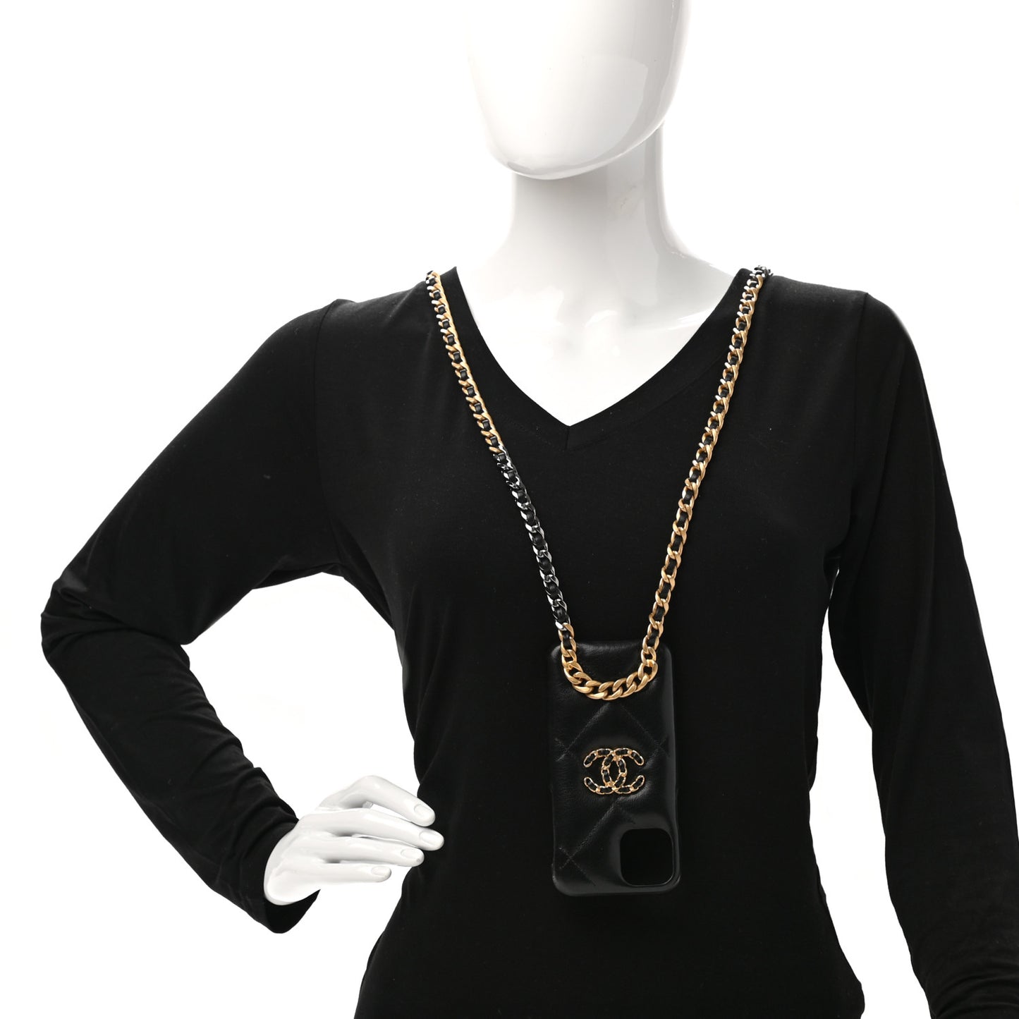 Shiny Goatskin Quilted 19 iPhone XI Pro Holder With Chain Black