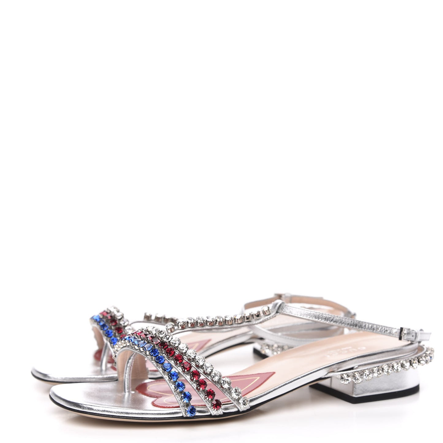 Nappa Silk Crystal Bertie T-Strap Low Heel Sandals 37 Argento