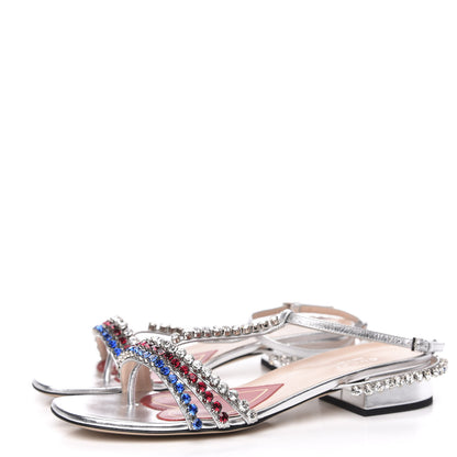 Gucci Nappa Silk Crystal Bertie T-Strap Low Heel Sandals 37 Argento 3 of 8