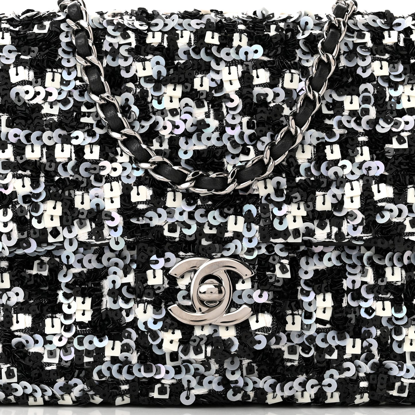 Sequin Lambskin Mini Flap Silver Black