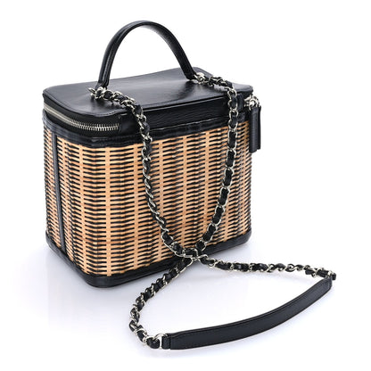 Chanel Glazed Calfskin Raffia Vanity Case Bag  Black Beige 3 of 10
