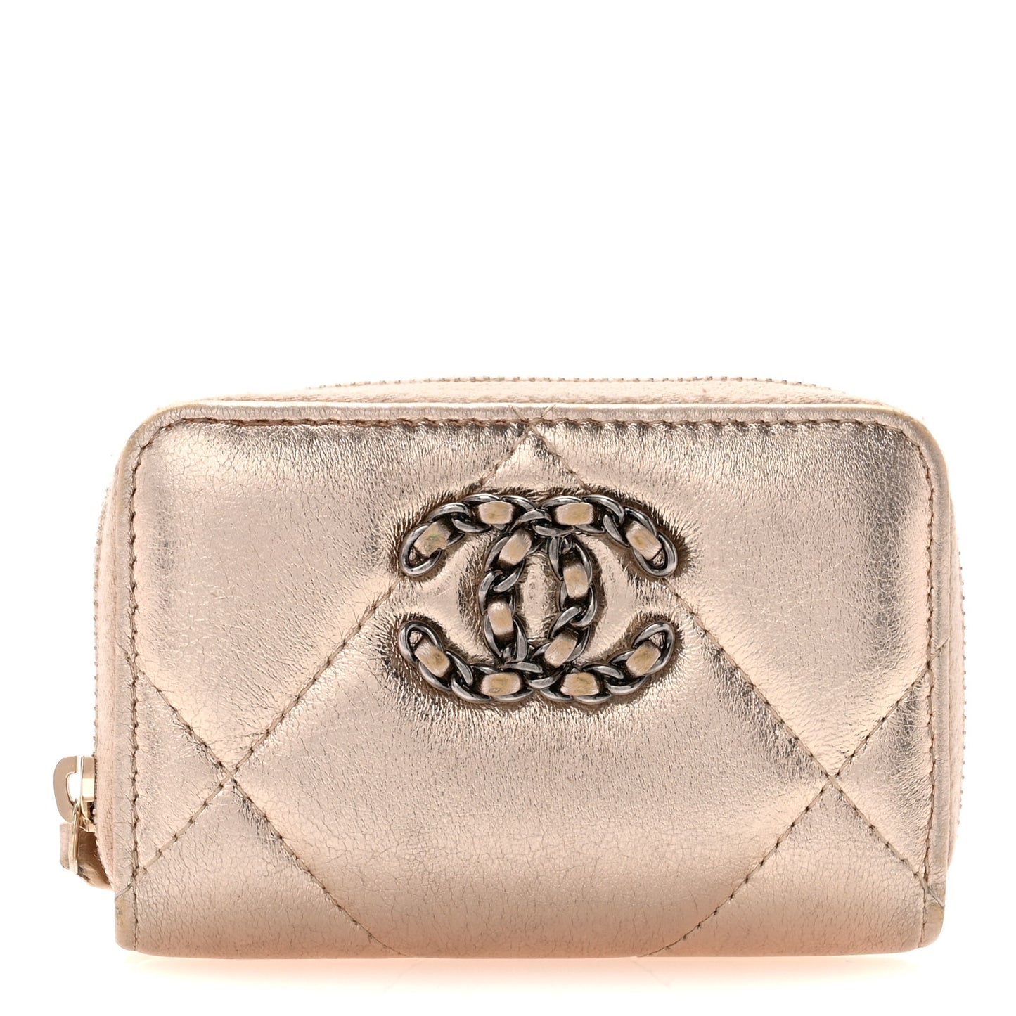 Metallic Lambskin Quilted Chanel 19 Zip Around Coin Purse Wallet Gold