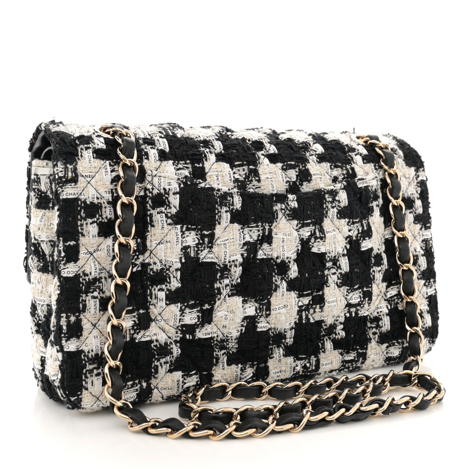 Chanel Tweed Quilted Medium Double Flap Black Ecru White 3 of 13