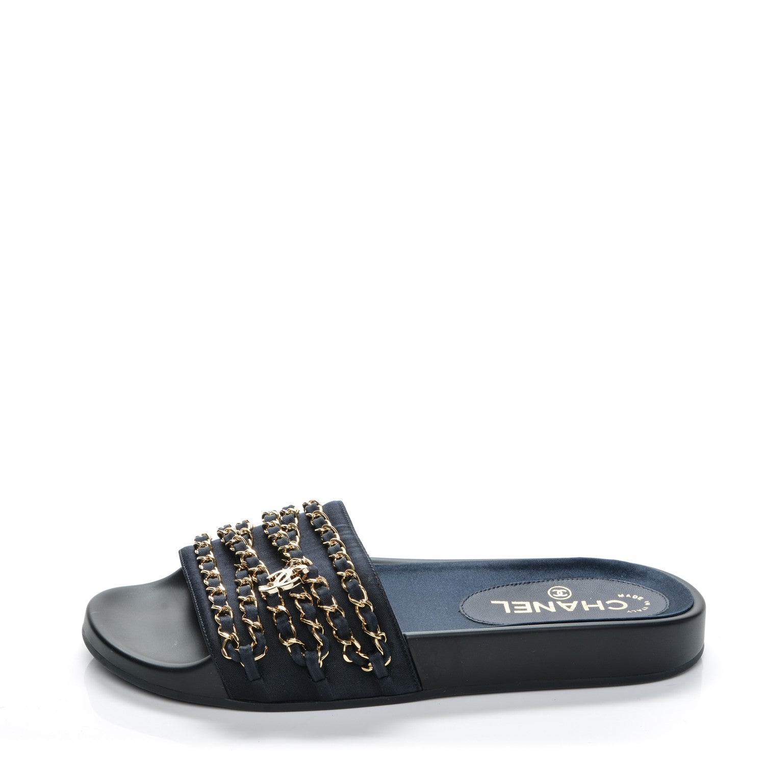 Chanel Lambskin Canvas Chain Flat Sandals 38 Marine 1 of 7