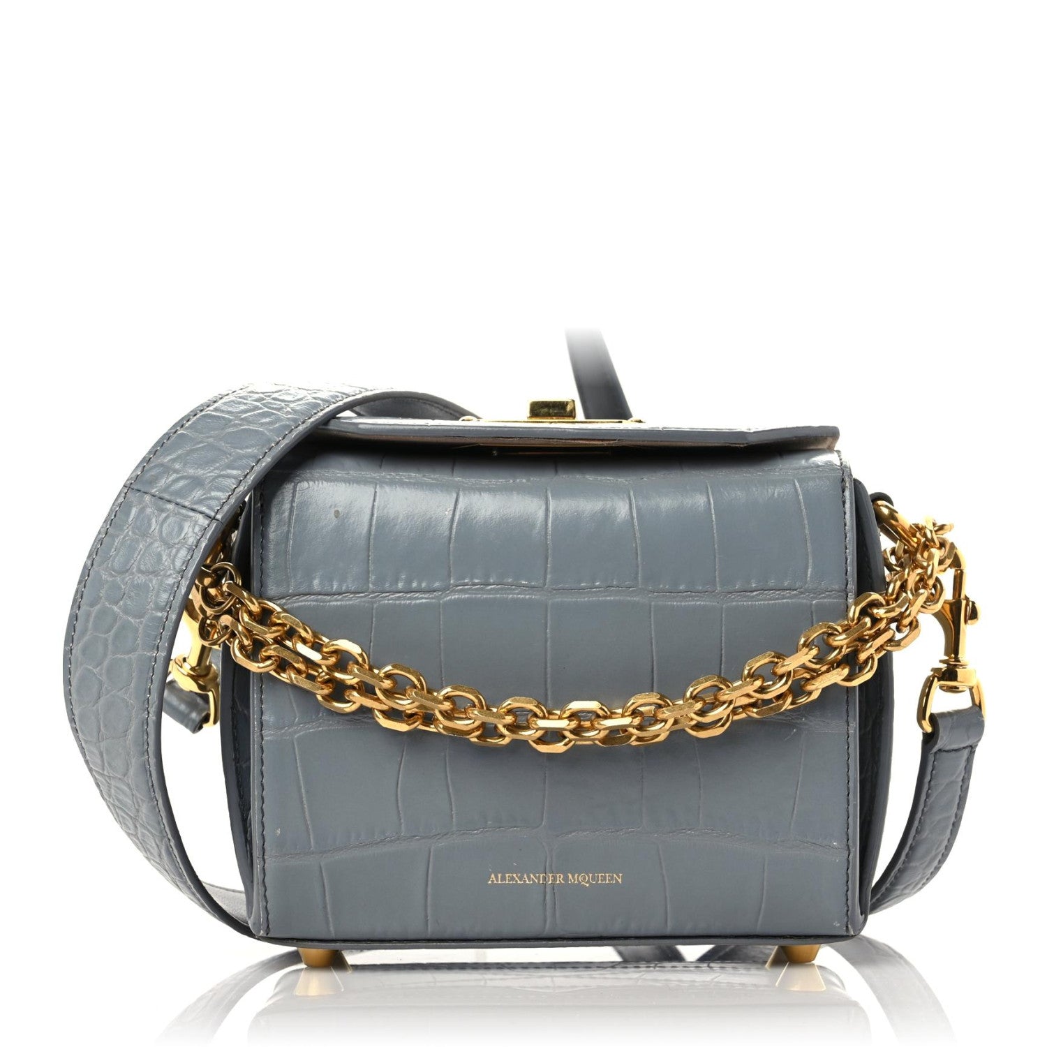 Alexander McQueen Calfskin Crocodile Embossed Box Shoulder Bag 16 Grey 1 of 20