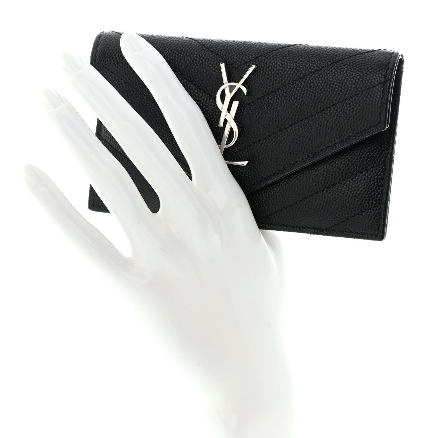 Saint Laurent Grain De Poudre Matelasse Chevron Monogram Compact Wallet Black 2 of 8