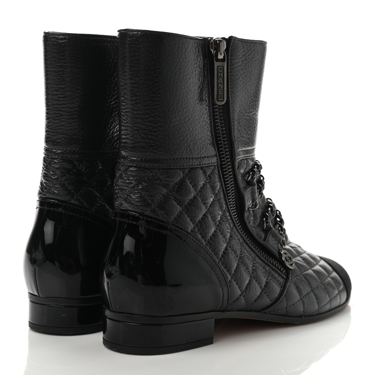 Chanel Glazed Deerskin Grosgrain Quilted Cap Toe Chain Boots 38 Grey Black 4 of 8