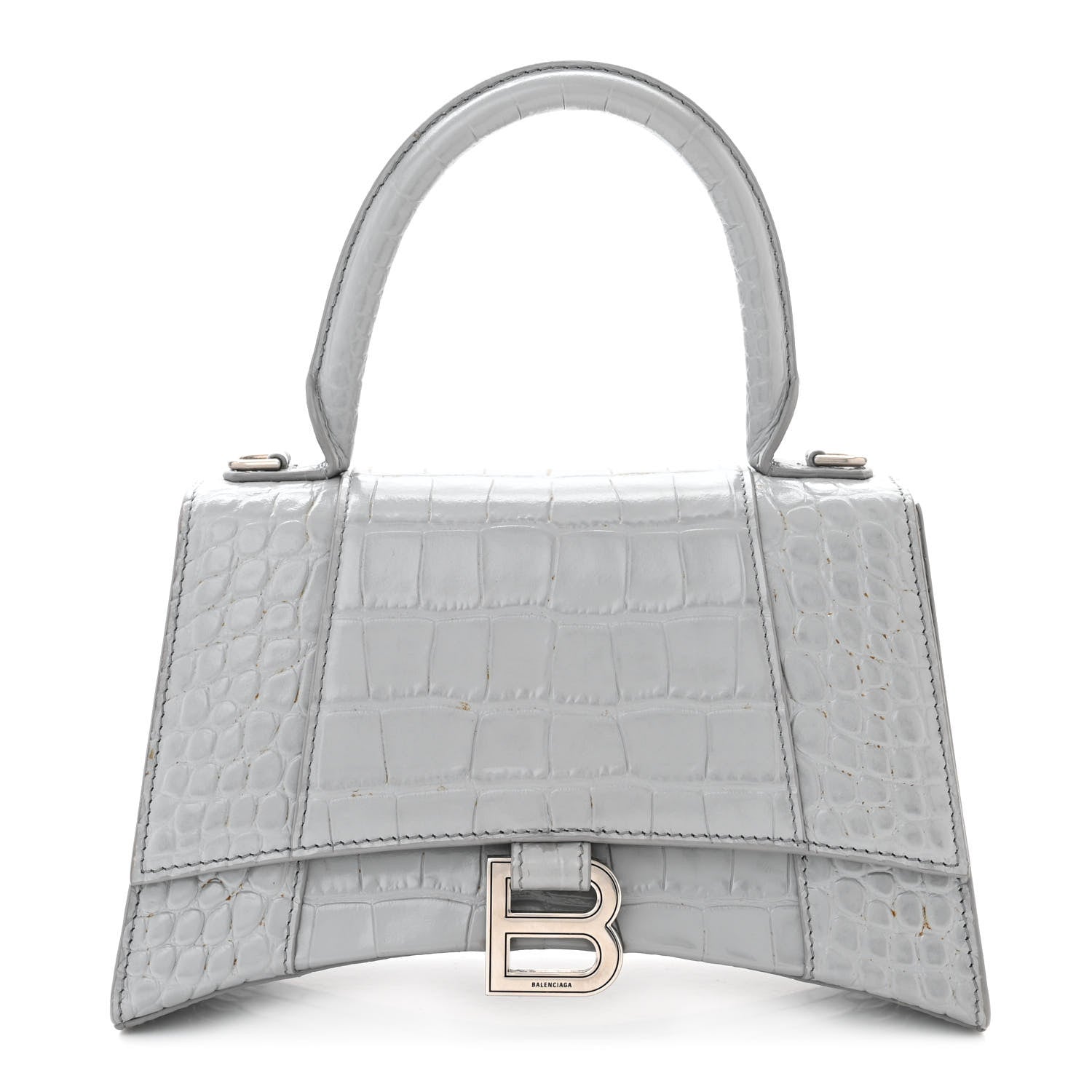 Balenciaga Shiny Calfskin Crocodile Embossed Small Hourglass Top Handle Bag Steel Grey 1 of 14