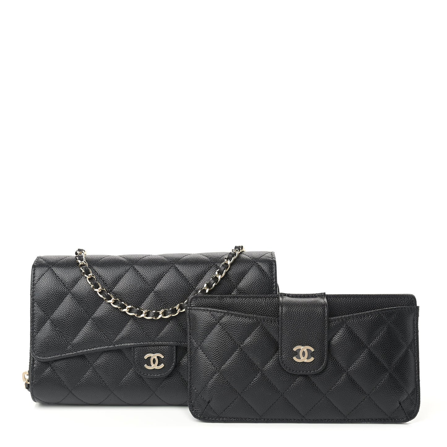 Caviar Quilted Phone Holder Wallet on Removable Chain Black