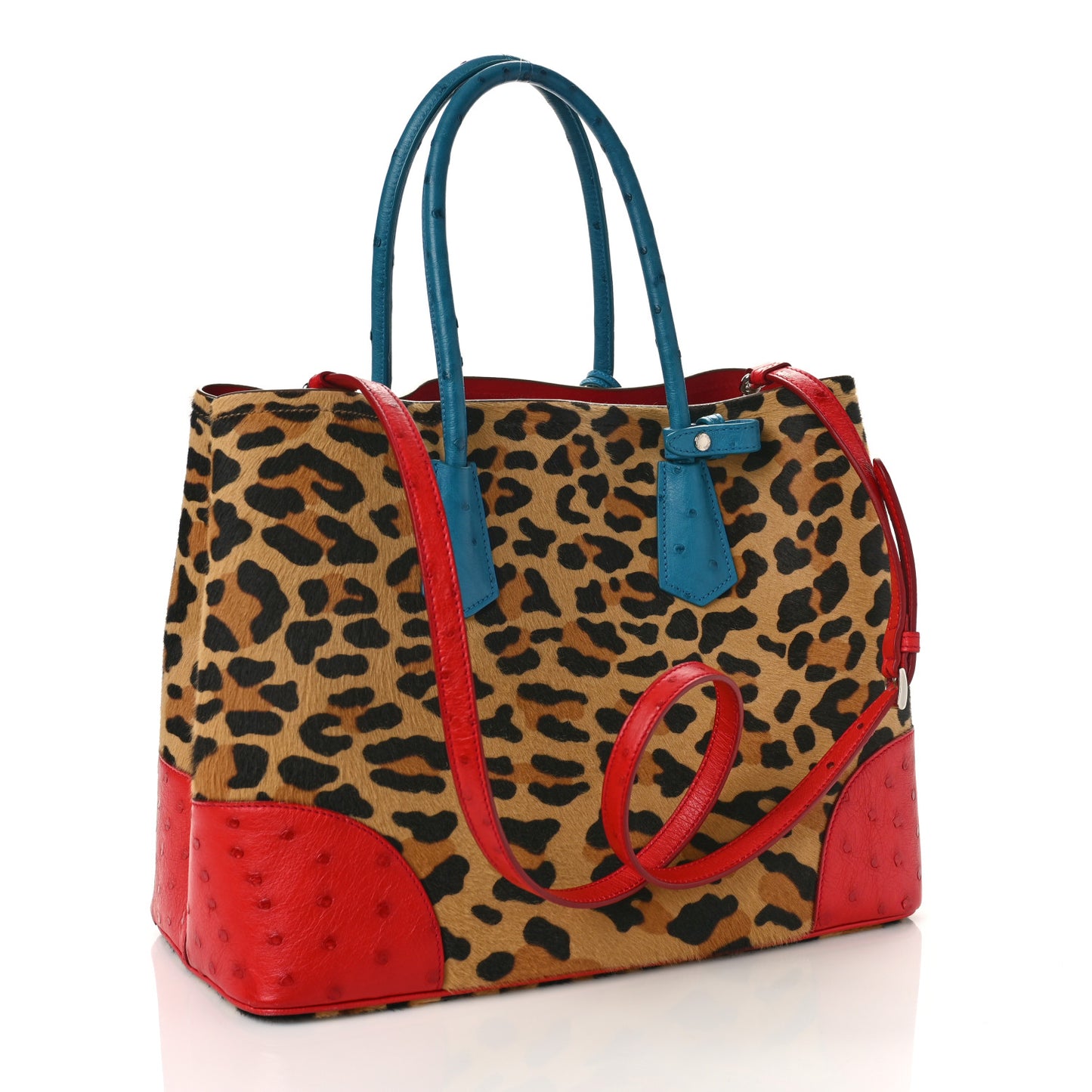 Calf Hair Ostrich Leopard Print Medium Double Bag Miele Voyage