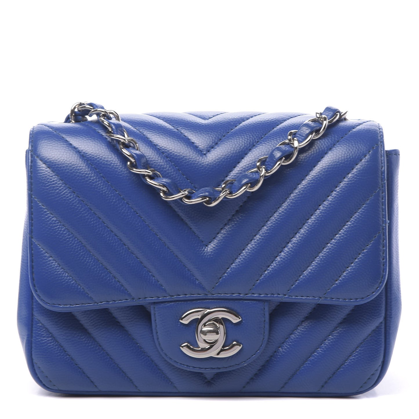 Caviar Chevron Quilted Mini Square Flap Blue