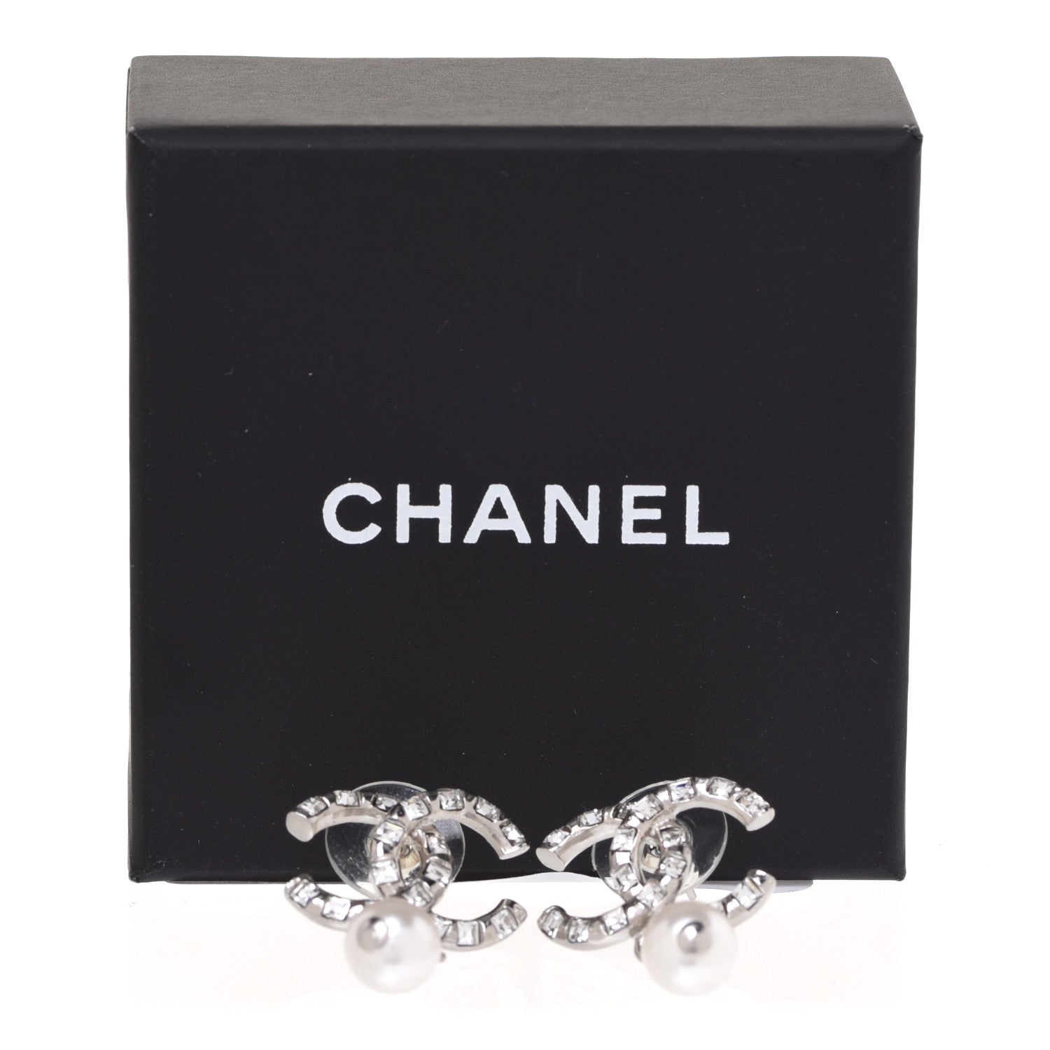 Chanel Crystal Baguette Pearl CC Drop Earrings Silver 5 of 5