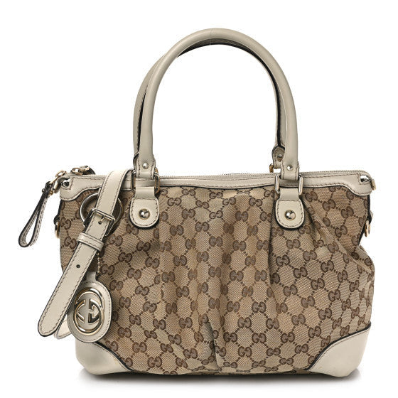 Monogram Margaux Calfskin Medium Sukey Top Handle Bag Beige Ebony Mystic White