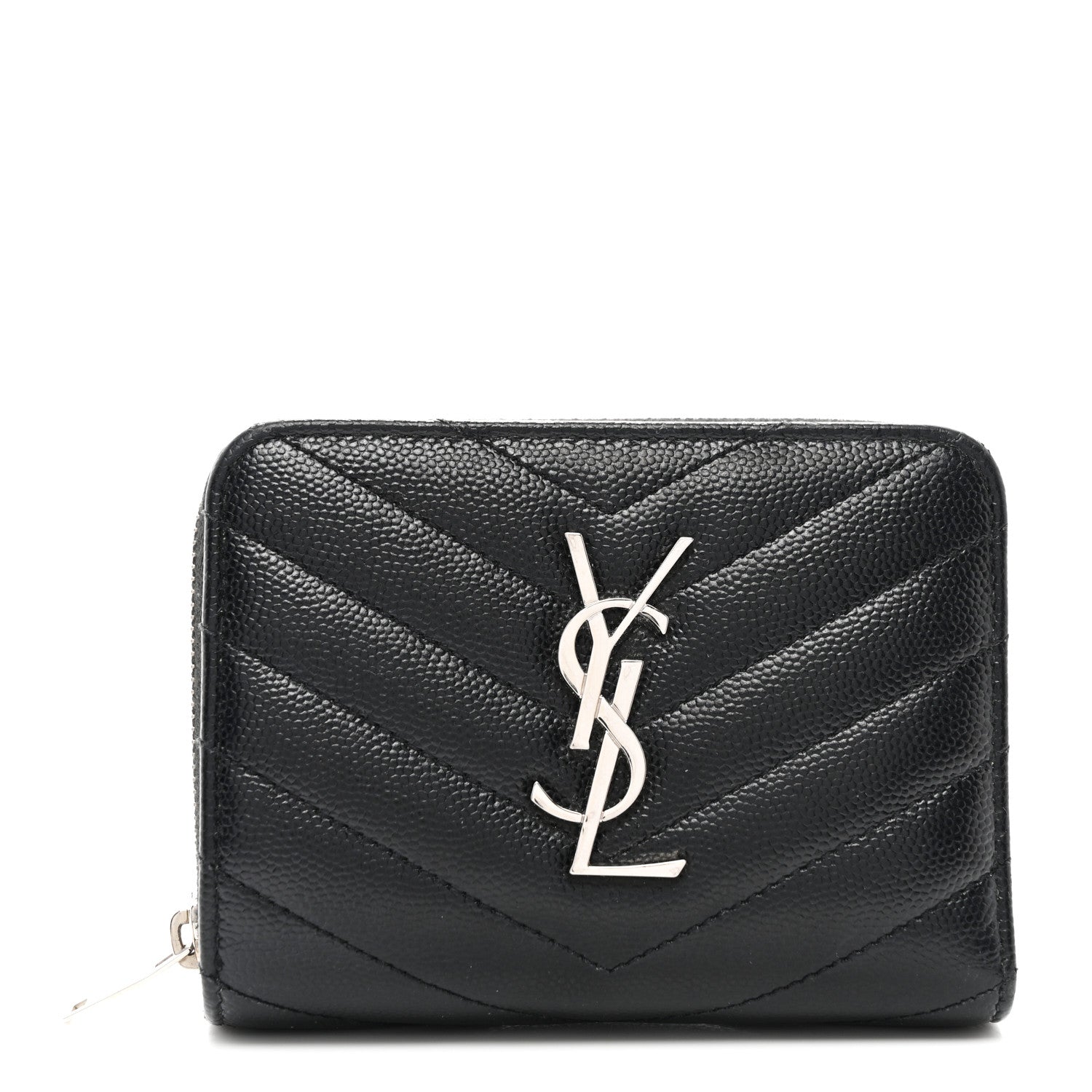 Saint Laurent Grain De Poudre Matelasse Chevron Monogram Compact Zip Around Wallet Black 1 of 8