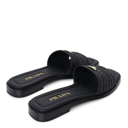 Prada Raffia Metal Triangle Logo 10mm Slide Sandals 39  Black 4 of 8