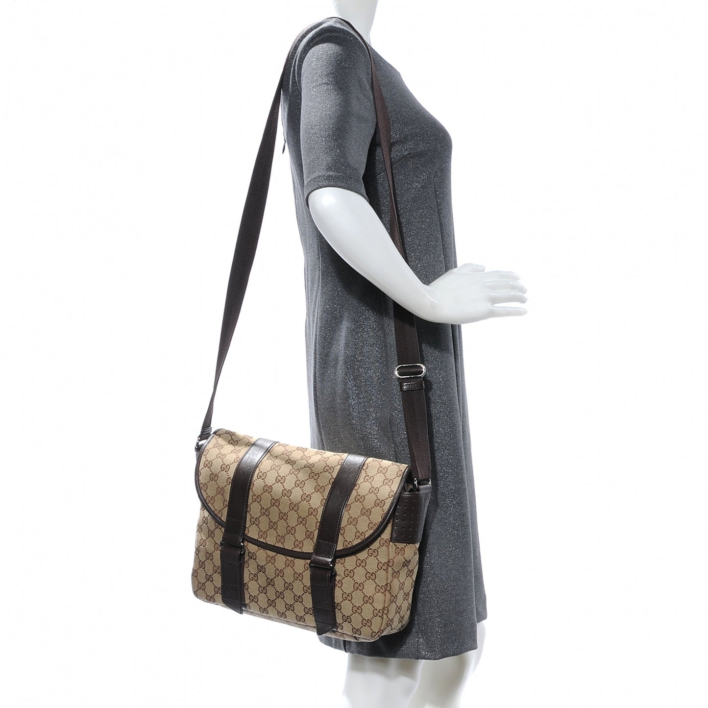 Monogram Medium Double Buckle Flap Messenger Bag Beige Dark Brown