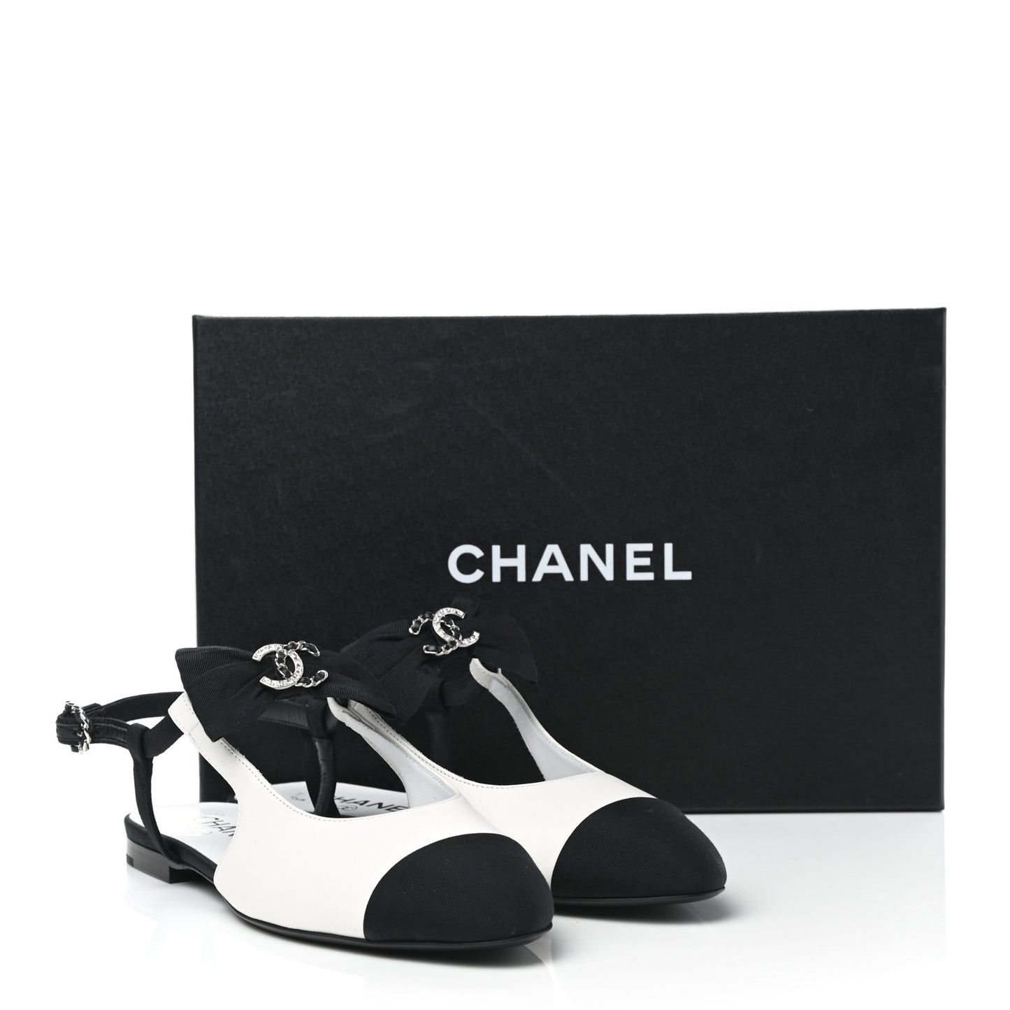 Lambskin Grosgrain Crystal Chain CC Logo Bow Slingback Flats 38 White Black