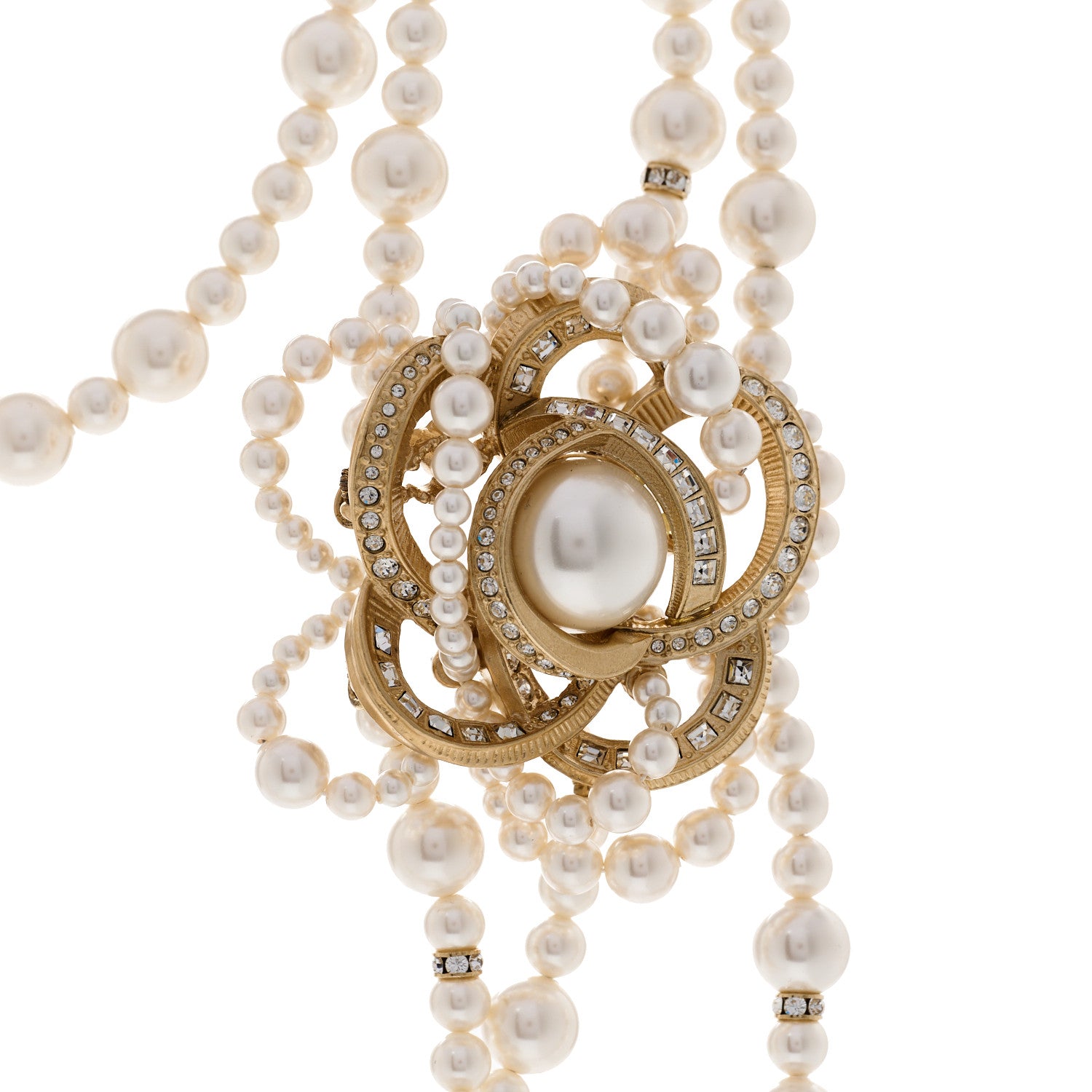 Chanel Pearl Crystal CC Camellia Multi Strand Necklace Gold White 4 of 6