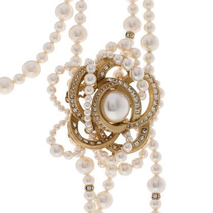 Chanel Pearl Crystal CC Camellia Multi Strand Necklace Gold White 4 of 6